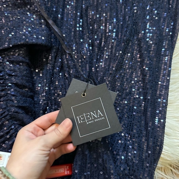 IEENA FOR MAC DUGGAL Navy Sequined Drop Shoulder Gown - Picture 2 of 6